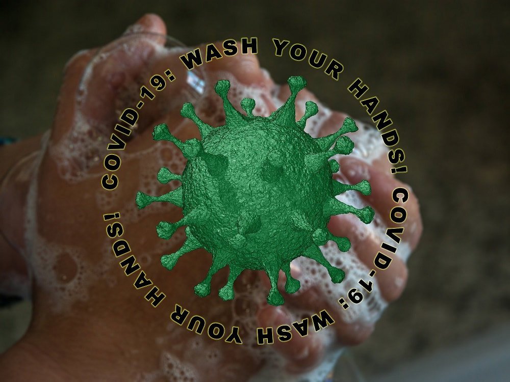 soapy hands with coronavirus image on top