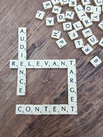scrabble board that spells various content marketing words