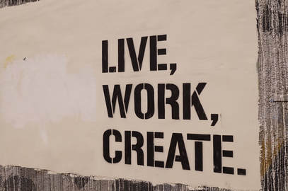 Image with the words Live, Work, Create in black text