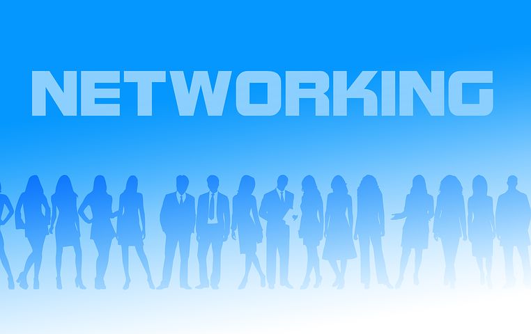 Peoples silhouettes, coloured blue, dressed in office clothes stand posing in different ways in a line. Above their heads is the word networking.