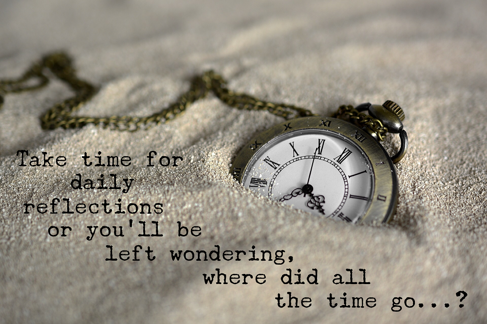 Image of a pocket watch, half buried in the sand with reflective words written underneath
