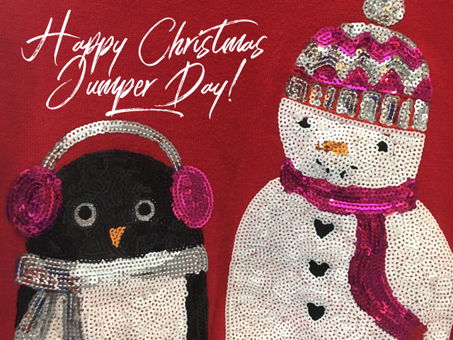 Image of a christmas jumper with a snowy penguin and snowman