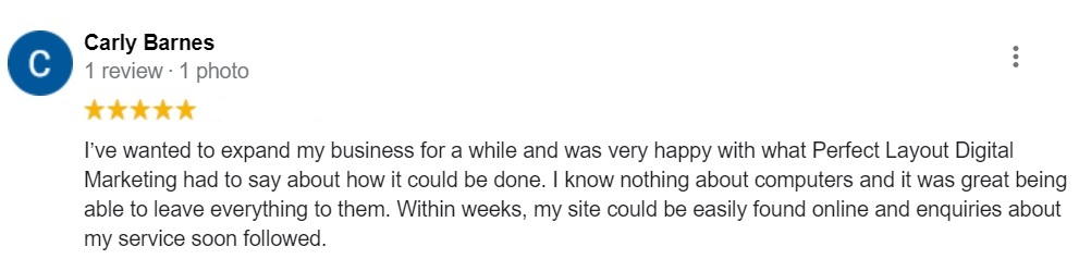 Five star Google review from Perfect Layout client Carlys Ice Cream Van
