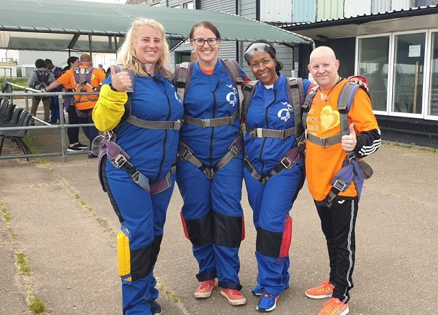 Tracey and Christine smiling to camera with Geri and Andy_perfect layout jump skydive for Saint Francis Hospice