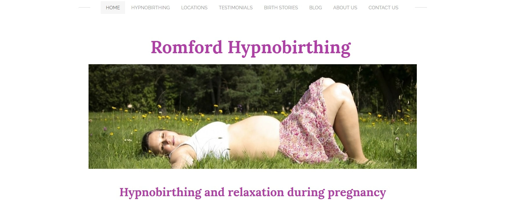 Screen shot of website called Romford Hynobirthing of pregnant lady lying on her back on grass with her swollen tummy exposed.