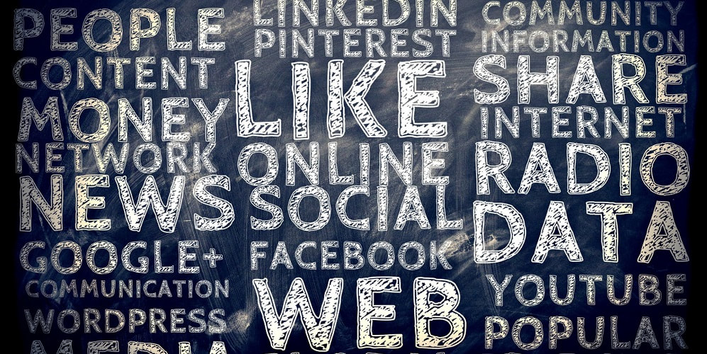 Photo of a blackboard with writing listing social media type words