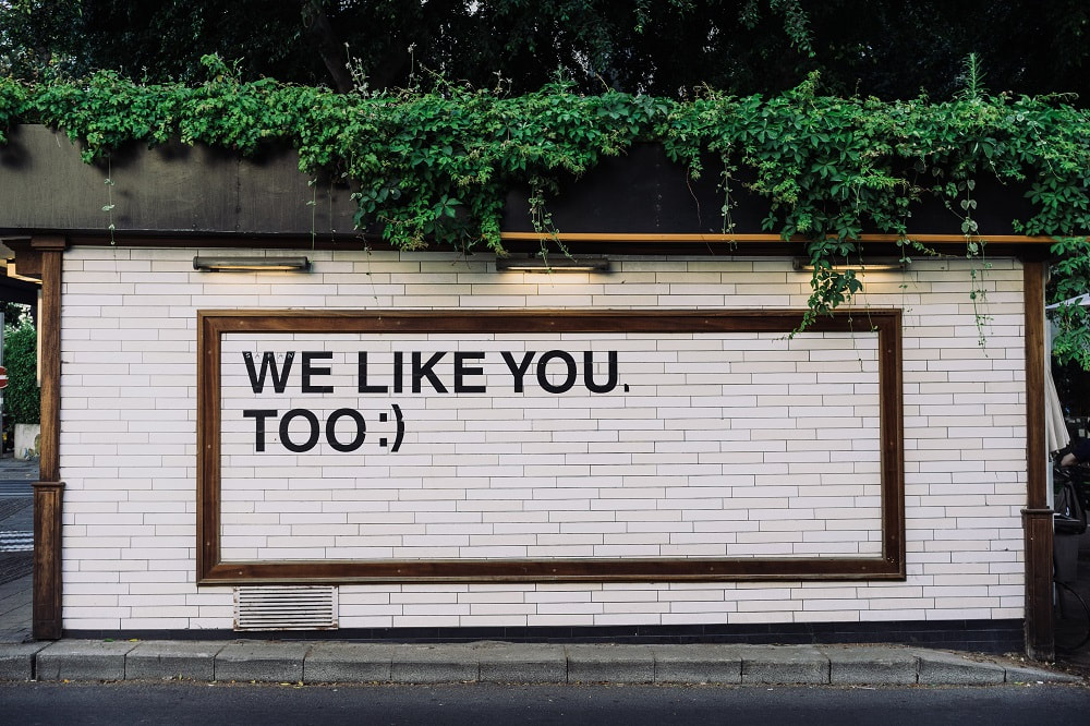 A white brickwall with framed words that reads we like you too